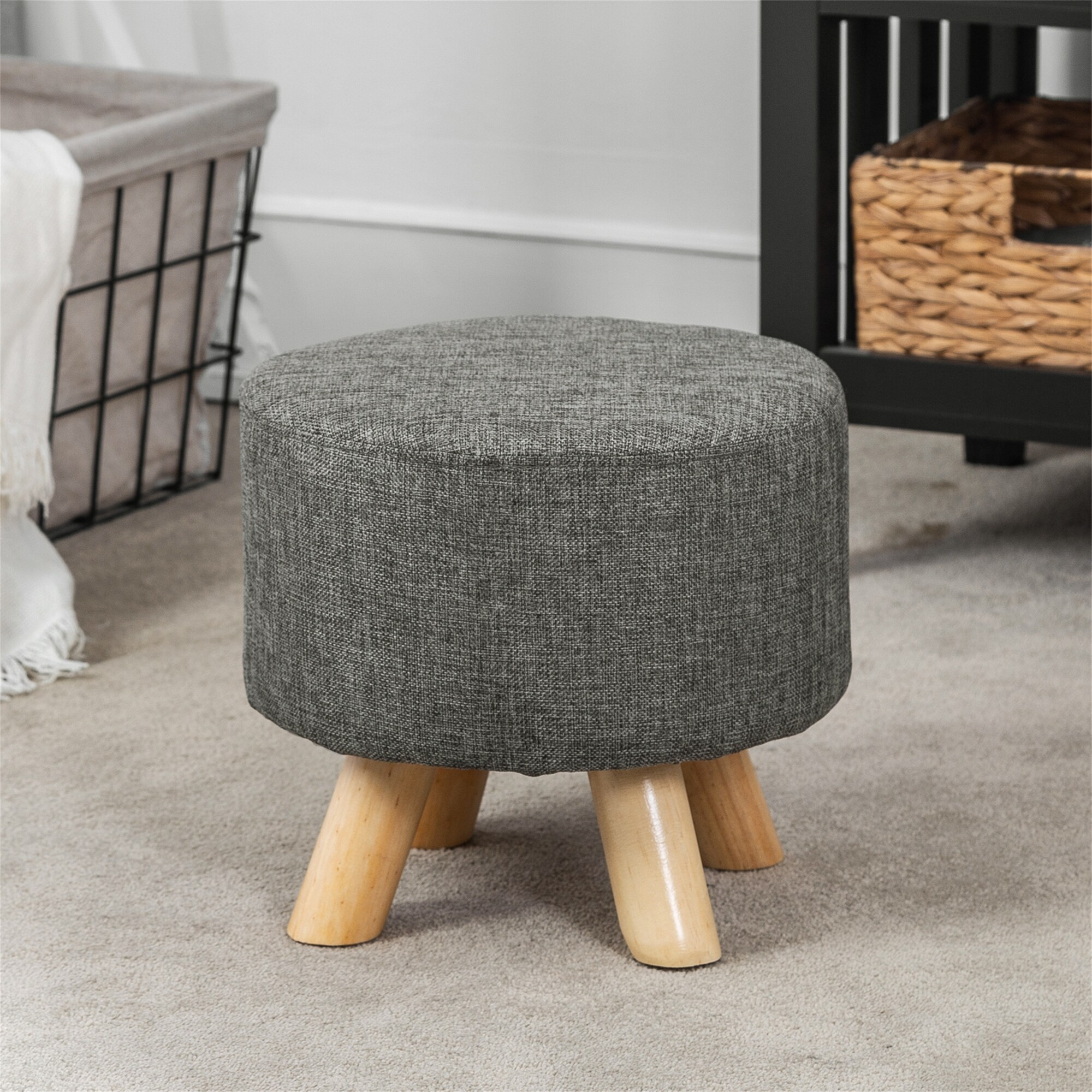 Adeco  Modern Round Ottoman Home Footrest Stool/ Linen Fabric Seat Pouf Grey Fabric Medium Beach | Walmart (US)