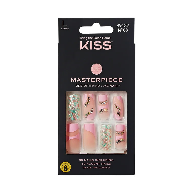 KISS Masterpiece Long Square Luxe Fake Nails, Glossy Medium Pink, 30 Count | Walmart (US)