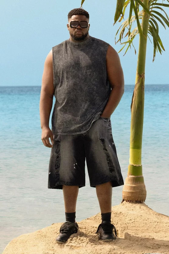 Plus Acid Wash Distressed Denim Jorts | boohooMAN (US & Canada)