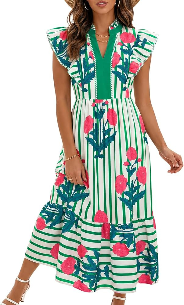 Wenrine Womens 2026 Summer Dresses V Neck Ruffle Cap Sleeve Empire Waist Flowy Floral Striped Bea... | Amazon (US)