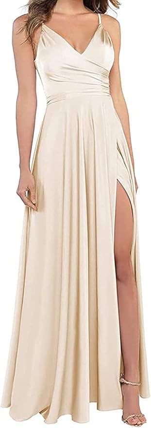 LINDO NOIVA Long Bridesmaid Dresses for Women Formal Satin Spghetti Strap Prom Evening Gowns LNL0... | Amazon (US)