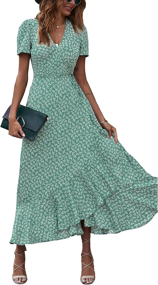 PRETTYGARDEN Women's Summer Wrap Maxi Dress Casual Boho Floral V Neck Short Sleeve Ruffle Hem Spl... | Amazon (US)