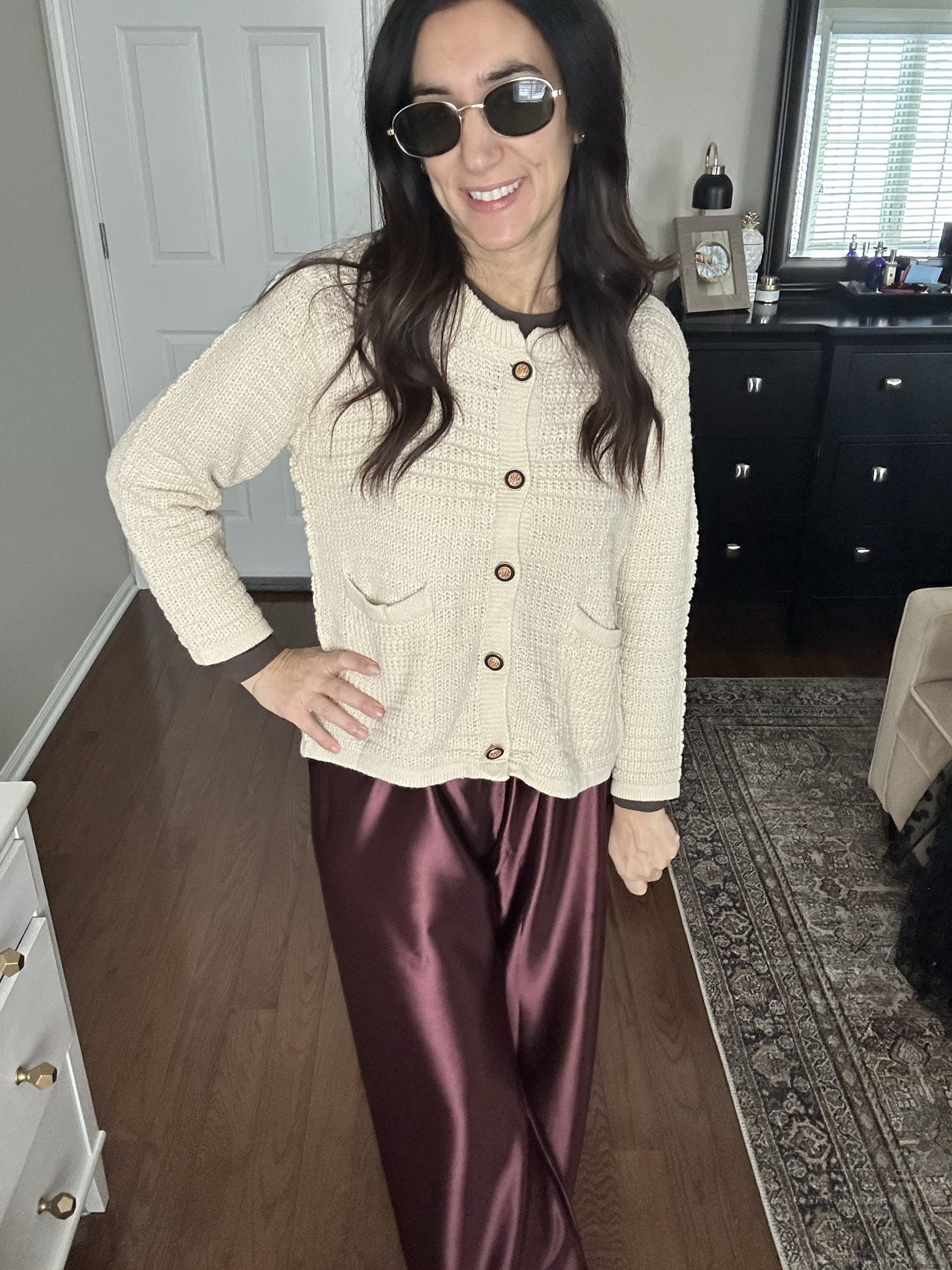 Here are the satin pants in maroon!

#LTKOver40 #LTKHoliday #LTKSeasonal