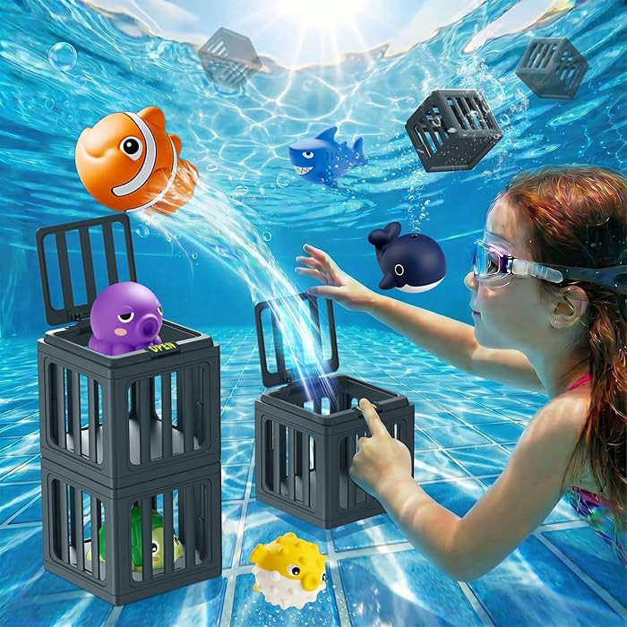 Pool Diving Toys for Kids, Underwater Swim Game Set with 6 Floating Sea Animals & 6 Dive Cages, S... | Amazon (US)