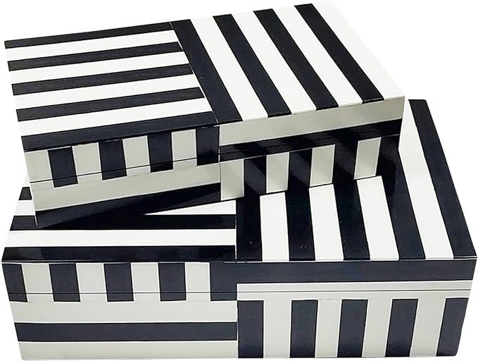 Kingston Living Set of 2 White and Black Rectangular Striped Storage Boxes 12" | Amazon (US)