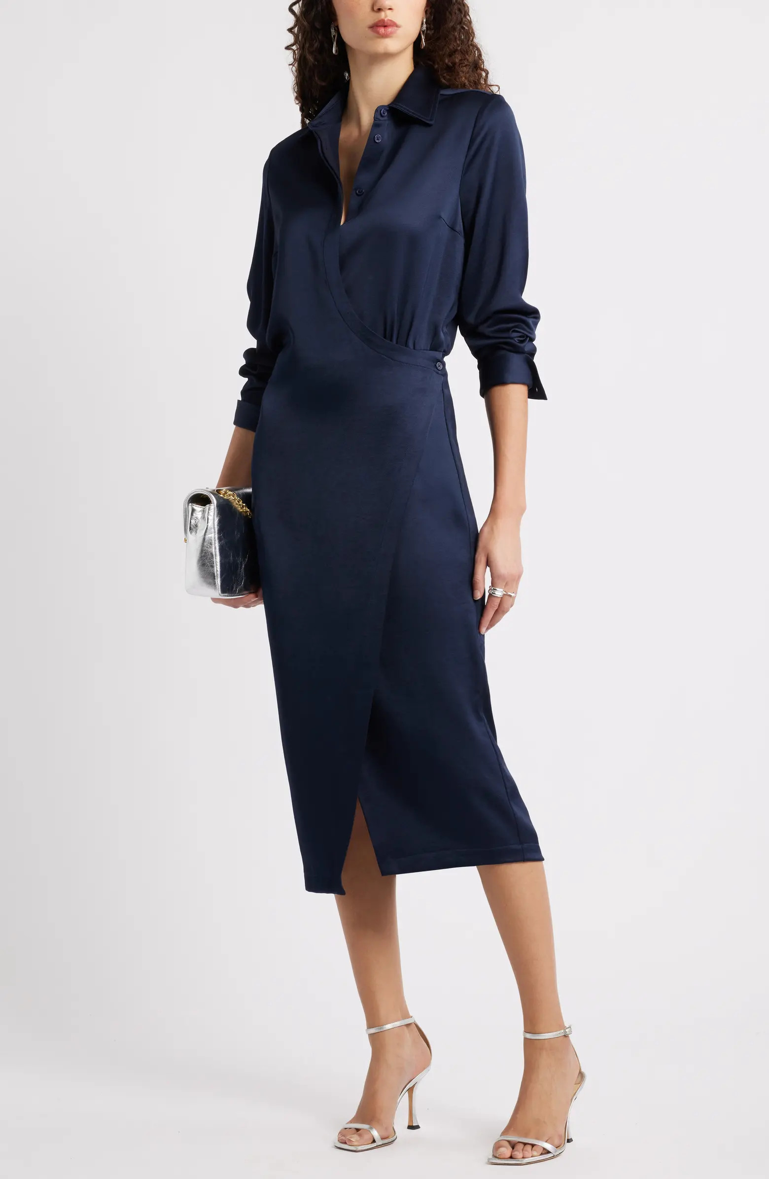 Long Sleeve Faux Wrap Satin Shirtdress | Nordstrom