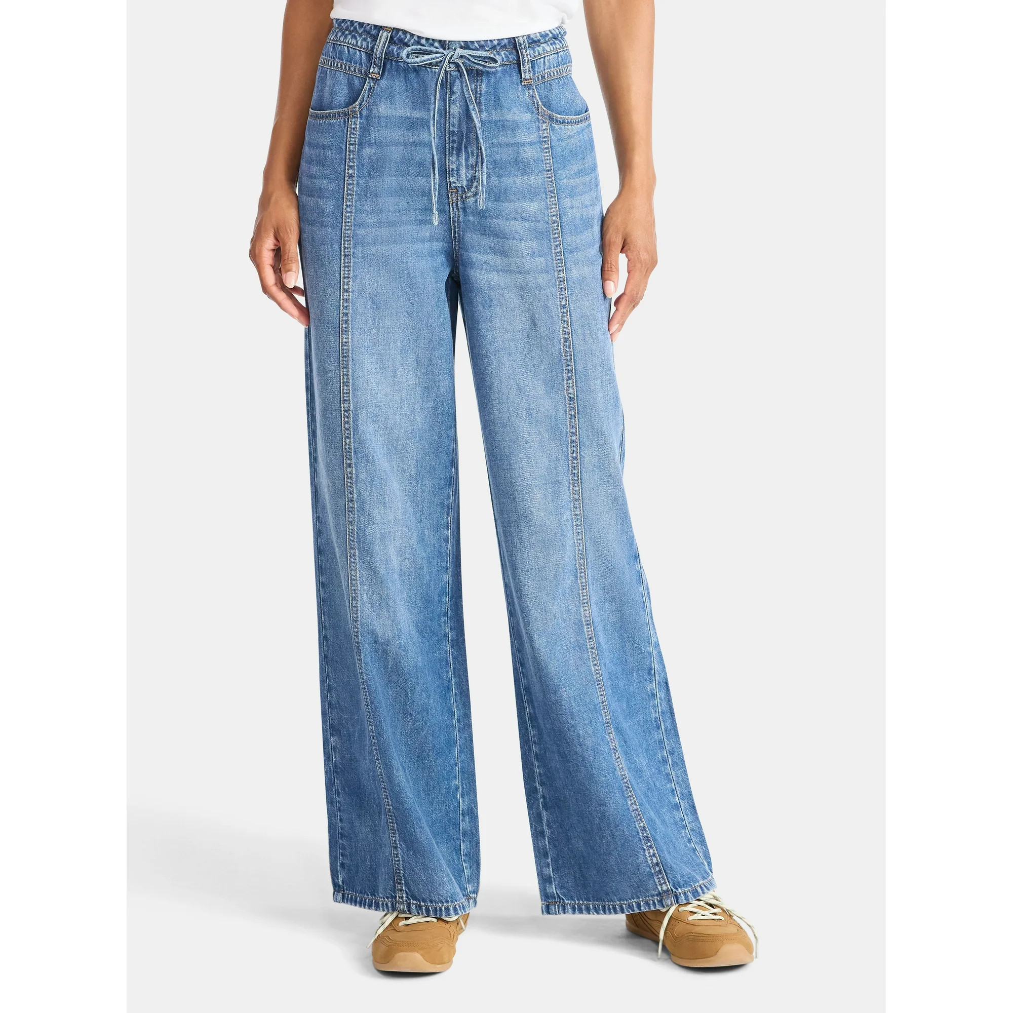 Time and Tru Women's and Women's Plus Relaxed Tie Waist Wide Leg Jeans, 31" Inseam, Sizes 0-20 | Walmart (US)