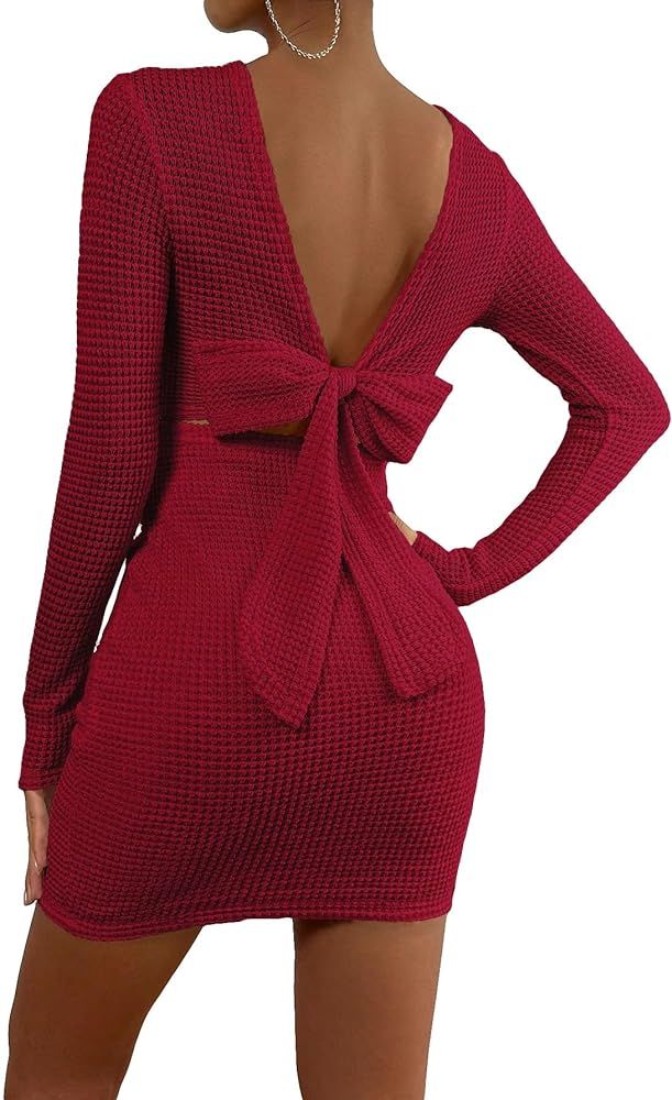 Floerns Women's Solid Long Sleeve Backless Tie Back Bodycon Mini Dress | Amazon (US)