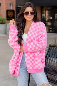 Hanging By A Moment Pink Fuzzy Checkered Oversized Cardigan | Pink Lily