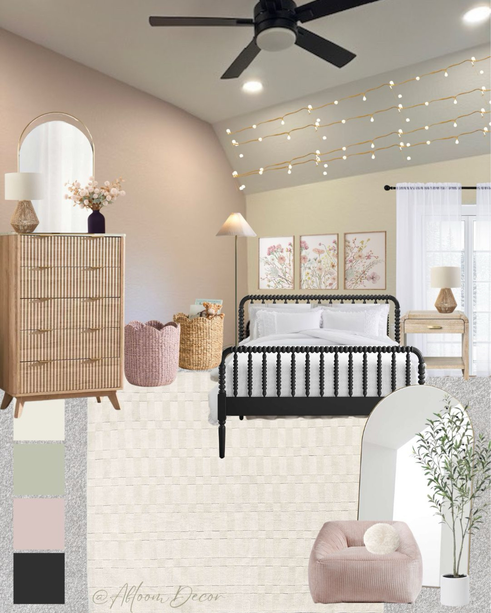 Cozy, relaxed girls room design with a neutral, soft pink, and green color scheme.

#LTKKids #LTKHome