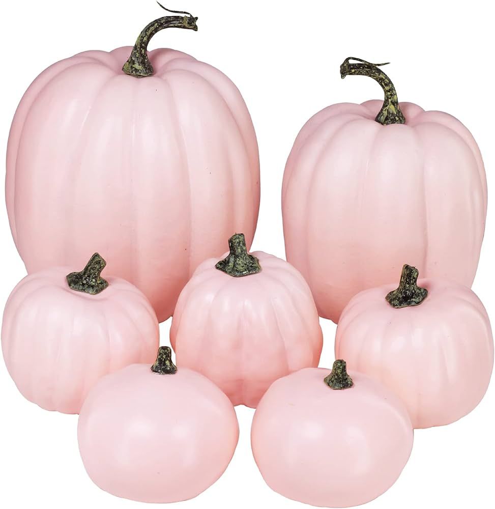Winlyn 7 Pcs Assorted Sizes Fall Artificial Light Pink Pumpkins Harvest Pumpkins Faux Foam Pale P... | Amazon (US)