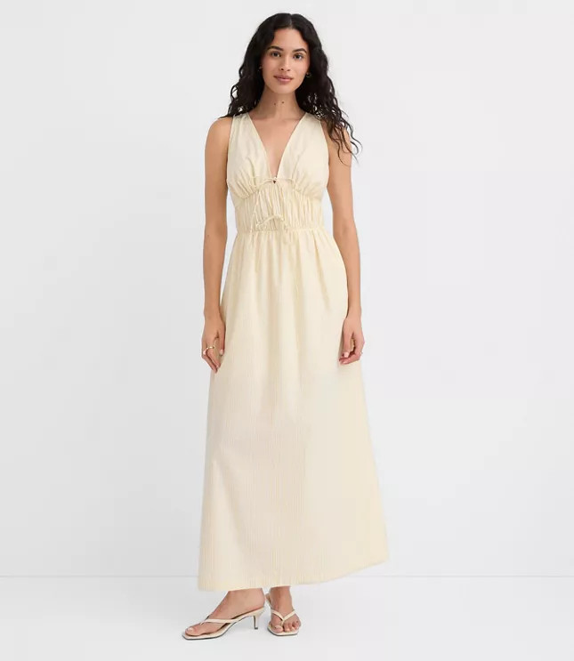 Striped Bow Poplin Midi Pocket Dress | LOFT