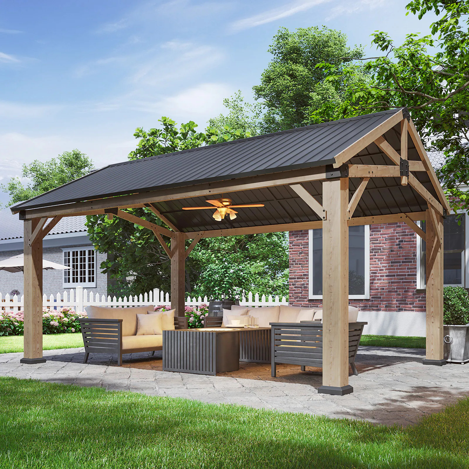 AOXUN 16-ft x 12-ft Gazebos Brown Grill Gazebo with Hardtop Roof one_size | AX-0441612L04 | Lowe's