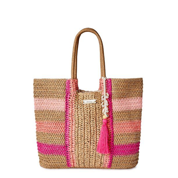 Time and Tru Women's Raffia Bondi Tote Bag Shocking Pink Multi - Walmart.com | Walmart (US)