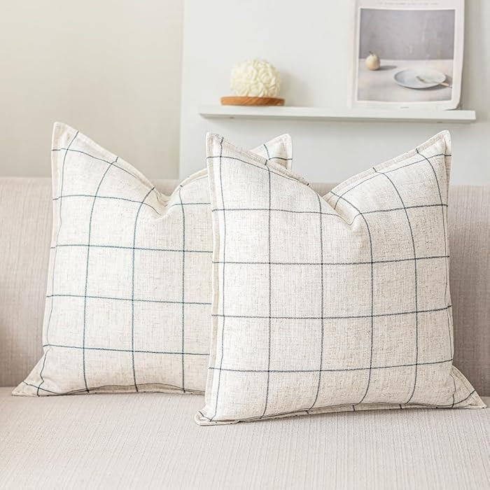 White Farmhouse Throw Pillow Covers 20x20 Set of 2, Neutral Cream White Plaid Linen Throw Pillows... | Amazon (US)