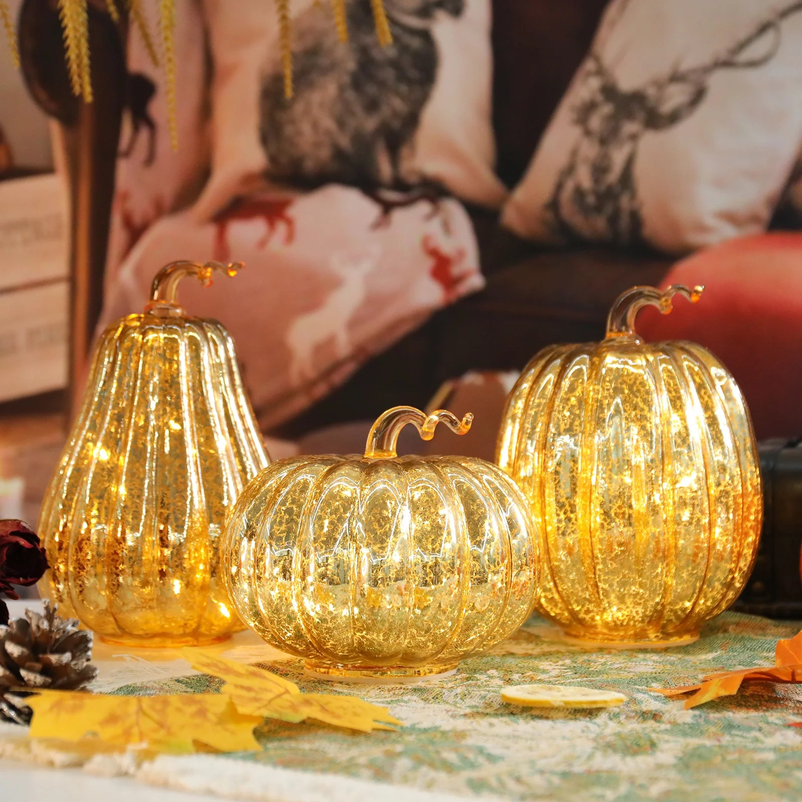3 Piece Set of Illuminated Gold - Crackle Glass Harvest Pumpkin Decorations with LED Lights – B... | Walmart (US)