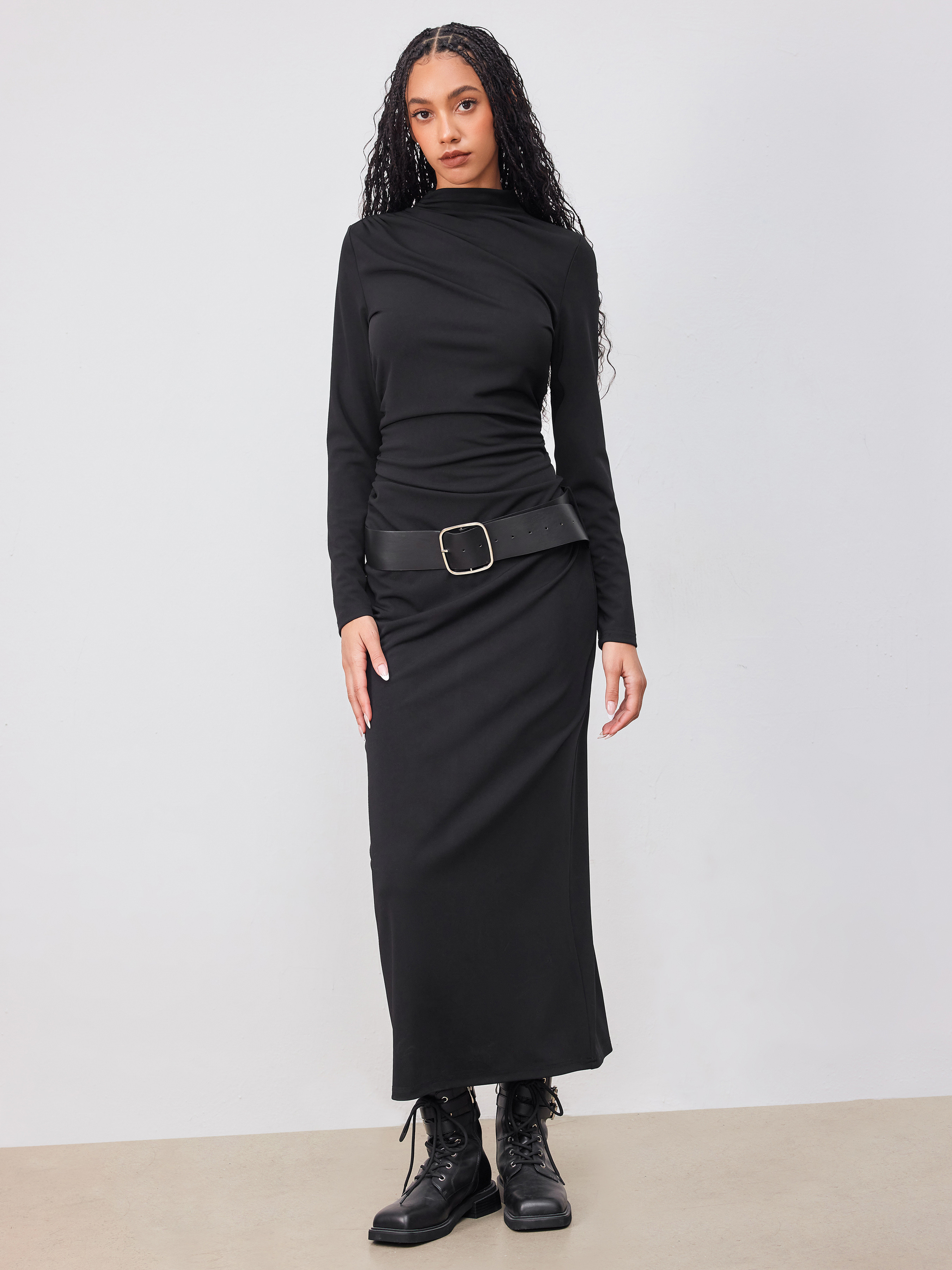 Jersey High Neck Ruched Long Sleeve Maxi Dress With Belt For Date | Cider