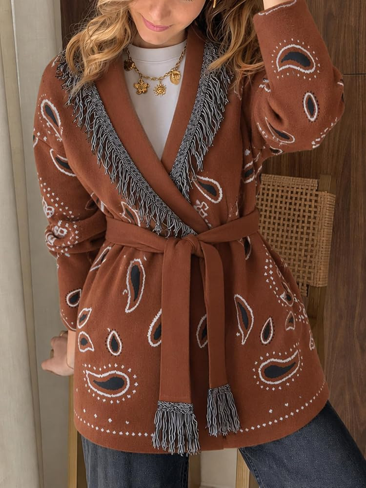 Cicy Bell Womens Fringe Cardigan Printed Long Sleeve V Neck Belt Sweaters | Amazon (US)