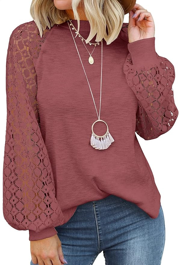MIHOLL Women’s Long Sleeve Tops Lace Casual Loose Blouses T Shirts | Amazon (US)