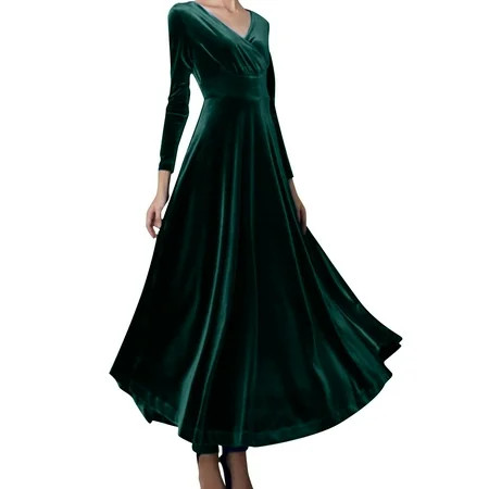 JUNYUI Women Long Sleeved V Neck Gold Velvet Dress Party Dresses for Women Green XL | Walmart (US)