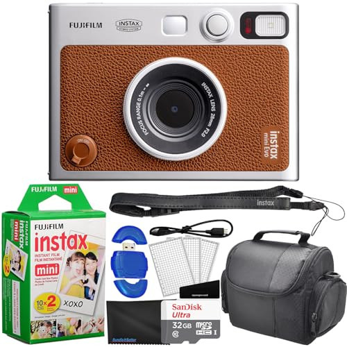Fujifilm Instax Mini EVO Hybrid Instant Camera Brown Bundle with 20 Instax Mini Instant Film Sheets, 32GB Memory Card, USB Memory Card Reader, Case, Microfiber Cloth + Screen Protector | Amazon (US)