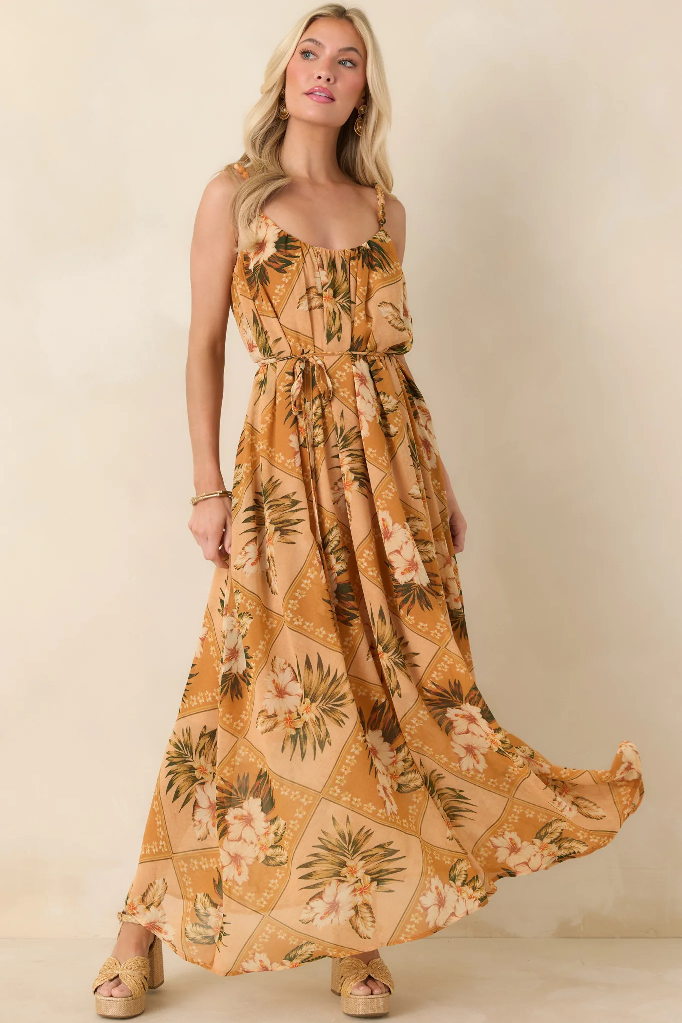 Paradise Calling Peach Multi Tropical Print Beaded Strap Maxi Dress | Red Dress