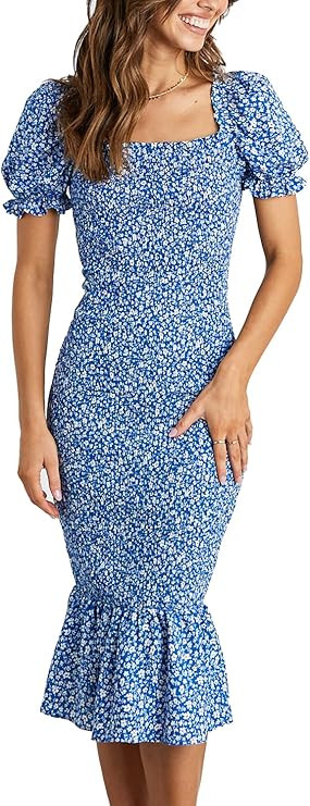 PRETTYGARDEN Women's Summer Floral Midi Bodycon Dresses Short Puff Sleeve Square Neck Ruffle Hem ... | Amazon (US)
