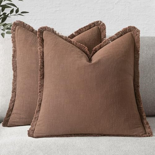 MIULEE Decorative Throw Pillow Covers Neutral Linen Fringe Throw Pillows Euro Shams Set of 2 Dark... | Amazon (US)