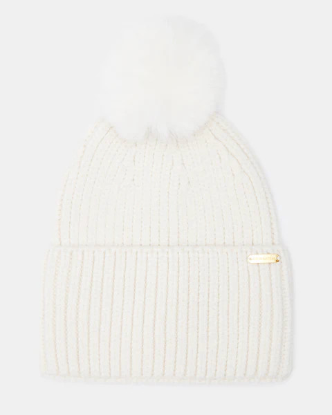 WIDE CUFF FAUX FUR POM BEANIE WHITE | Steve Madden (US)