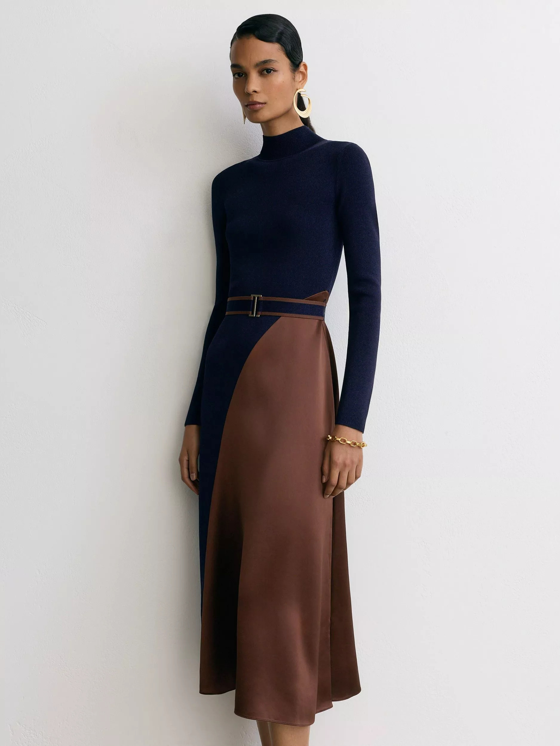Reiss Misty Colour-Block Jumper Midi Dress, Navy/Camel | John Lewis (UK)