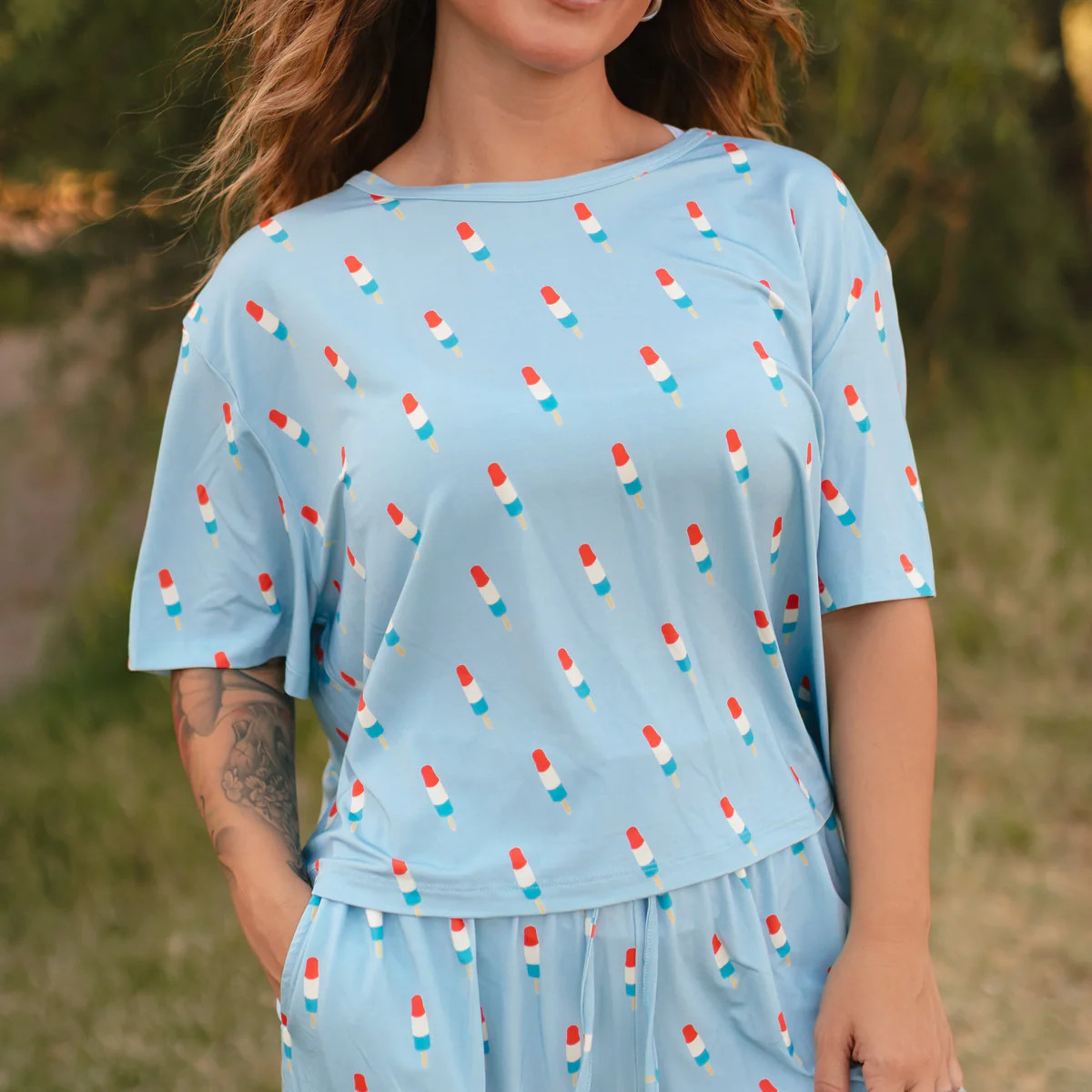 Women's Ruffle Short Set in Blue Popsicles | Silks Design