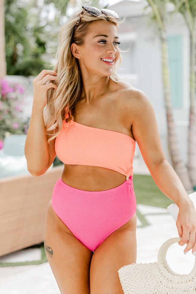 Sweet Daydreams Orange and Pink Cutout One Shoulder Swimsuit | Pink Lily