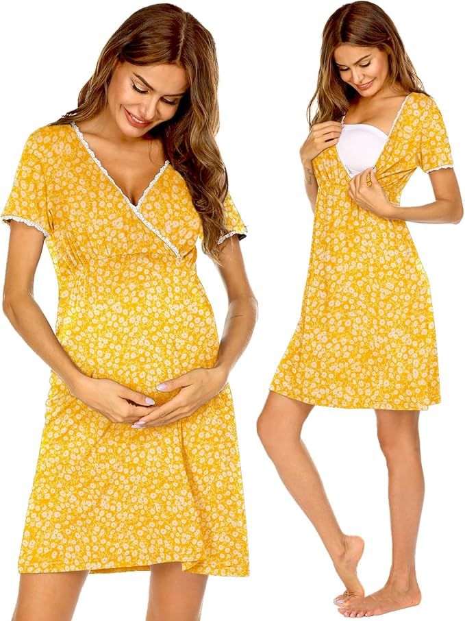 Ekouaer Women 3 in 1 Delivery/Labor/Maternity/Nursing Nightgown Short Sleeve Pleated Breastfeedin... | Amazon (US)