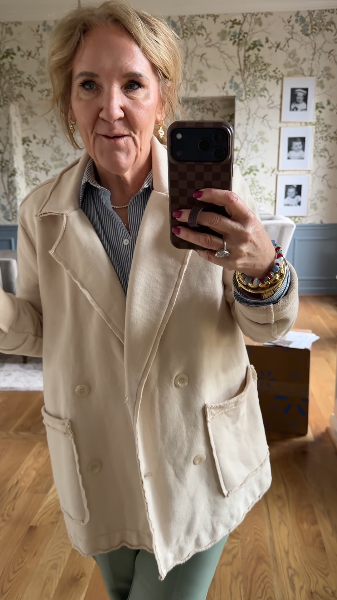 Ended up putting this sweatshirt jacket on this afternoon at home. Wearing a medium. There’s a navy left on major sale. 
Athleta sale on these great pants. This is the color cacti i’m wearing an eight petite
My striped button-down is by Quince it’s a relaxed fit and I’m wearing a medium
And a fun pop of pink in a sneaker these are true to size with
My bracelets go on sale tonight at midnight central standard time 40% off with code happy
The sale runs through Monday the 16th I but shop early just to be sure

#LTKPetite #LTKSaleAlert #LTKOver40