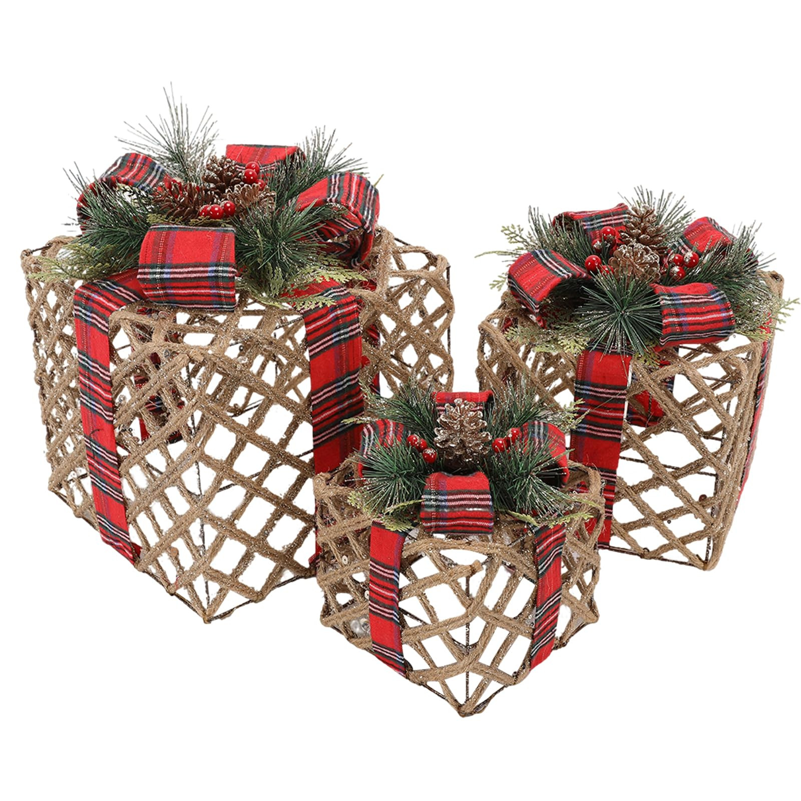 Set of 3 Christmas Rattan Gift Boxes Fake Presents Decorations Large Bow Pine Branches Pine Cones... | Amazon (US)