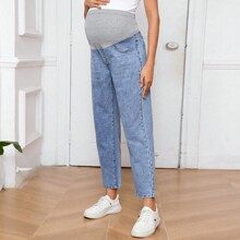 Maternity High Waist Color Block Cone Shaped Denim Jeans Washed | SHEIN