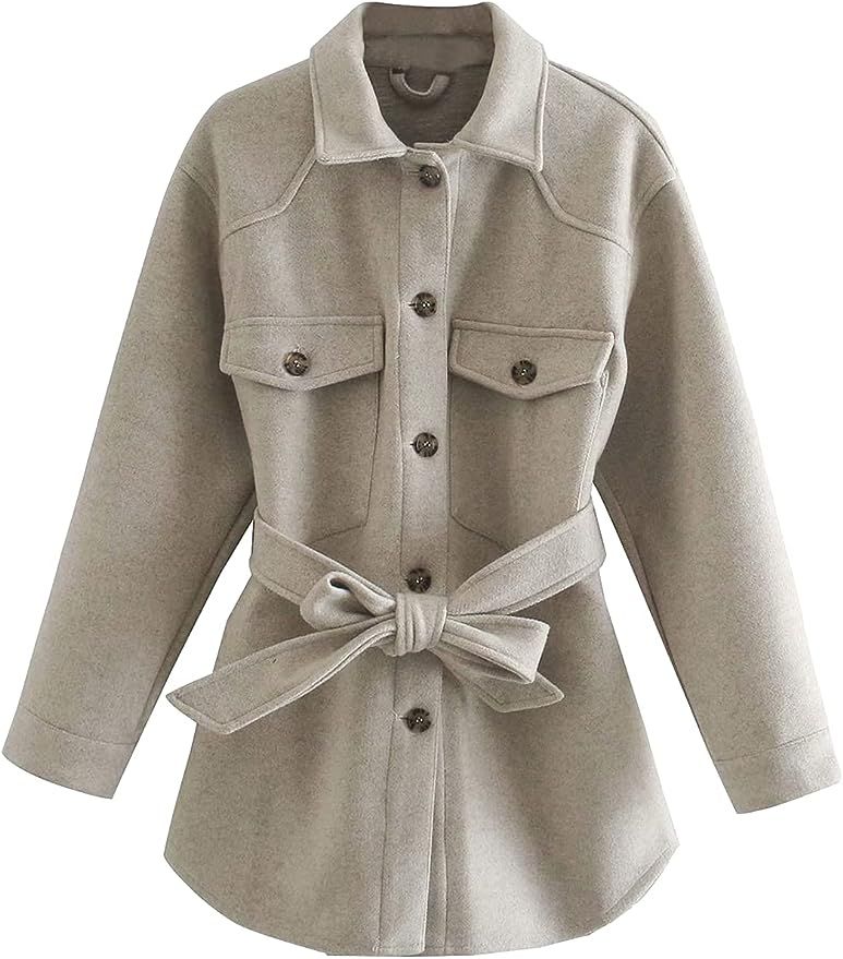 AMEBELLE Womens Wool Trench Pea Coat Single Breasted Belted Mid Long Shacket Jacket | Amazon (US)