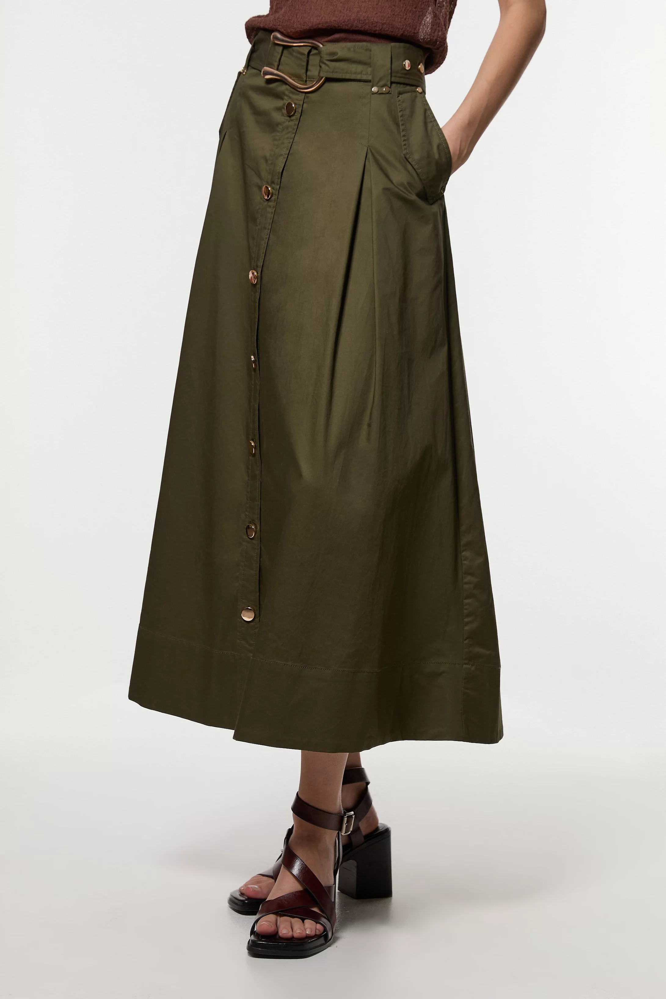 Cotton Sateen Belt Detail Midi Skirt | Karen Millen US