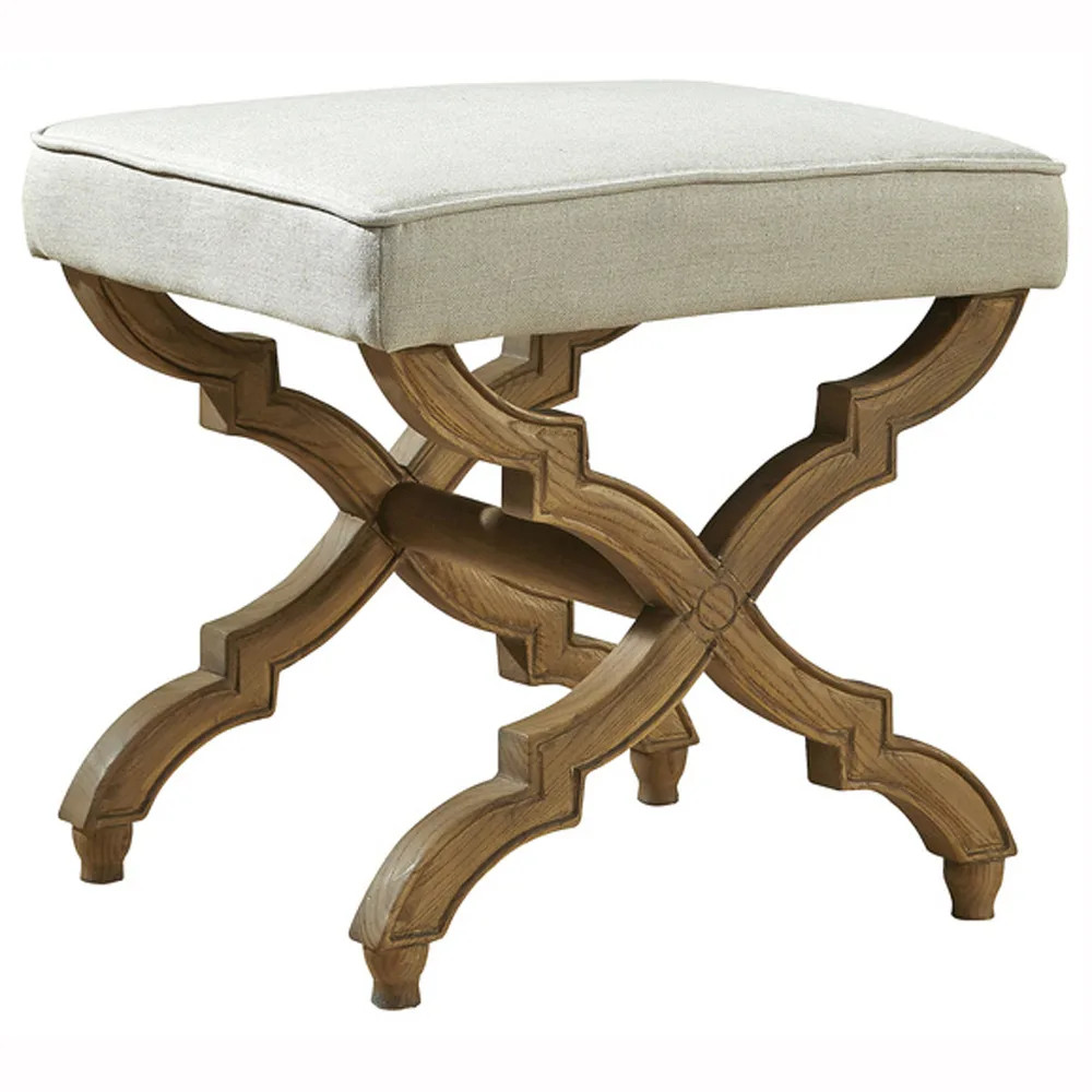 Amari French Country Beige Performance Brown Solid Oak Wood Rectangular Foot Stool | Kathy Kuo Home