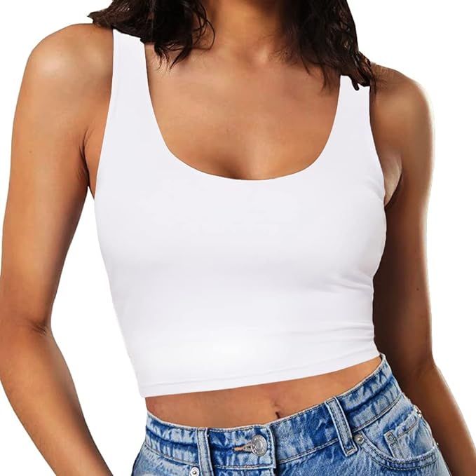 SanxiawaBa Women’s Sexy Sleeveless Crop Tops Double Layer Scoop Neck Cropped Tank Top | Amazon (US)