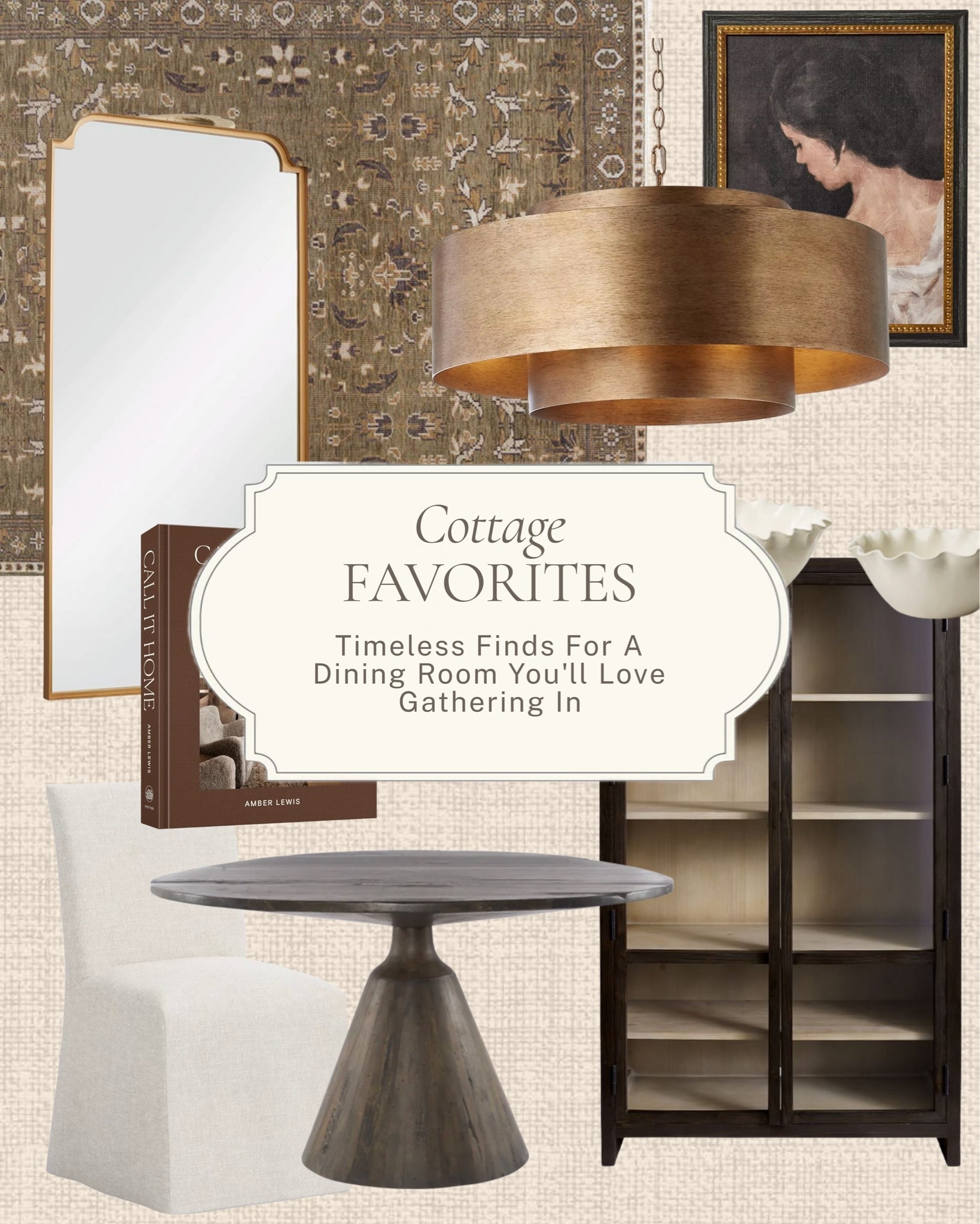 A dining room worth lingering in ✨ 

A sculptural stone pedestal table, a gold drum pendant, a tall arched mirror, a dark wood bookcase, a linen dining chair, a moody portrait, and a vintage rug that anchors it all. 

All linked here 🤍 

#LTKhome