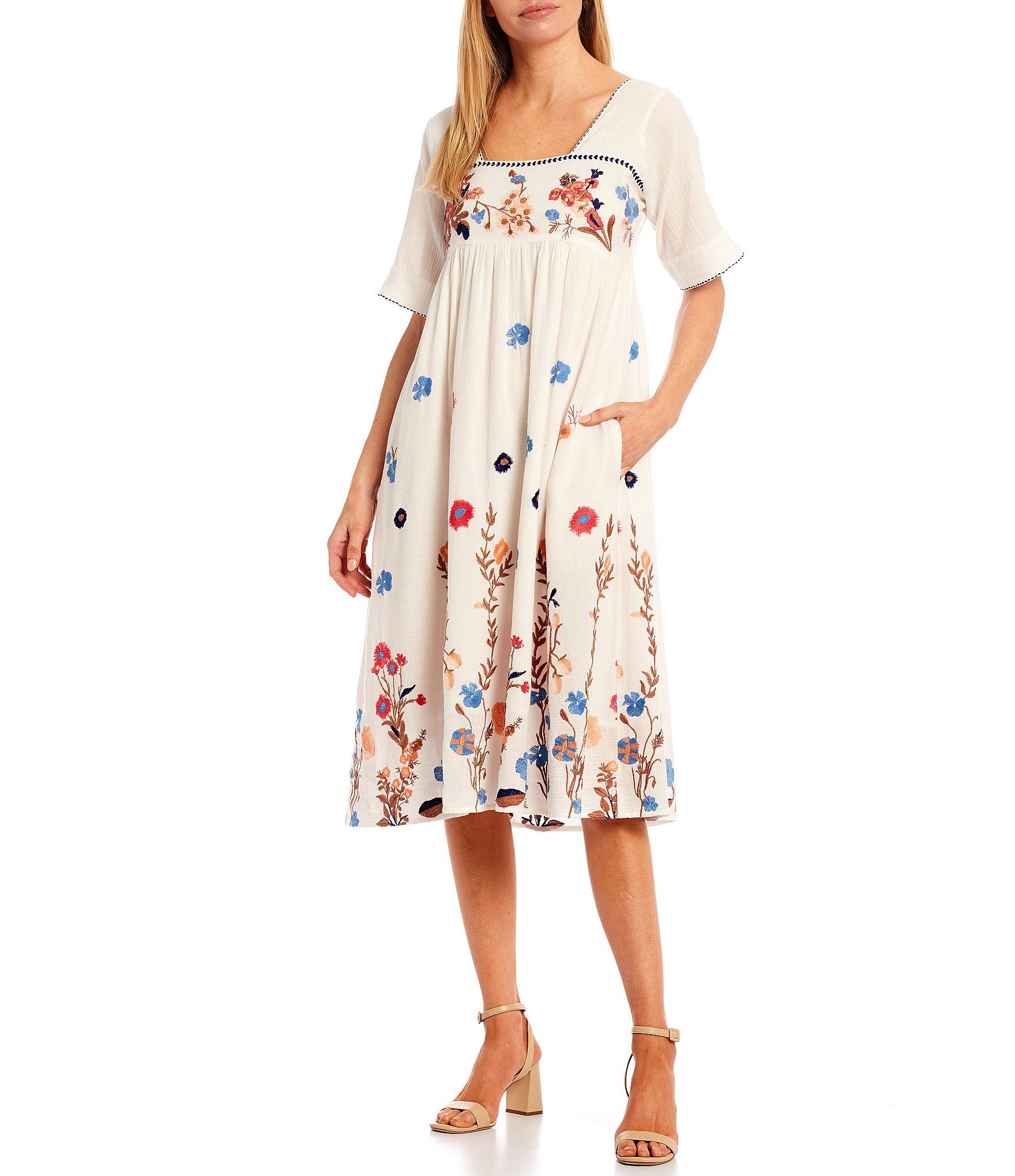 Floral Embroidered Square Neck Short Sleeve Waistless Midi Dress | Dillard's