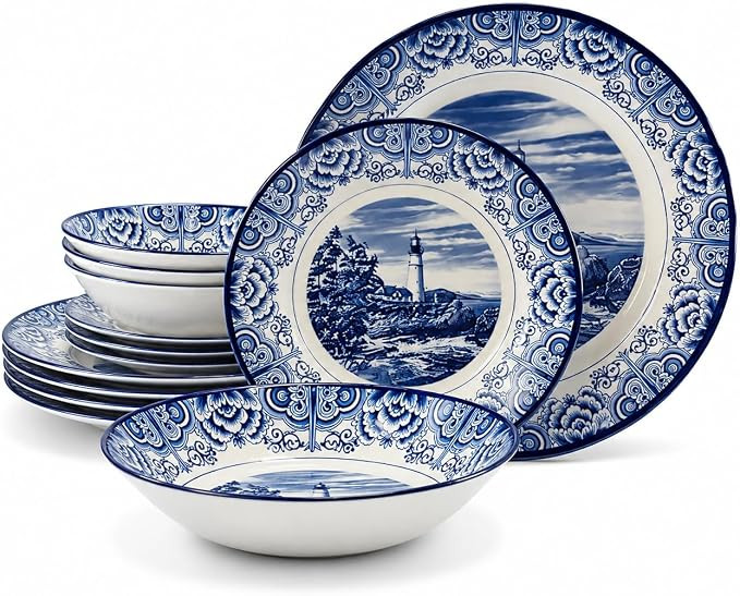 Royal 12-Piece Porcelain Dinnerware Set for 4, Blue and White Lighthouse Design, Dinner Plates, S... | Amazon (US)