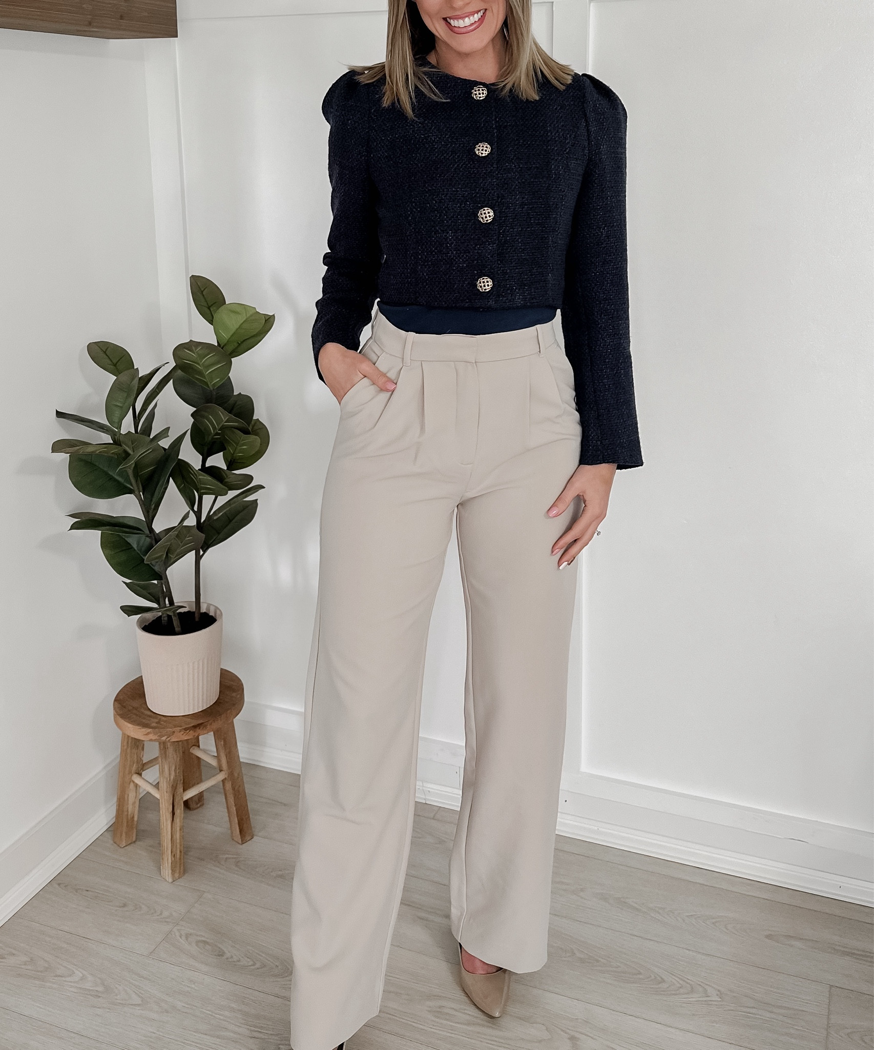 What to wear to work:
Cropped button up tweed jacket paired with high rise wide leg trousers. 


#LTKworkwear #LTKstyletip #LTKbeauty