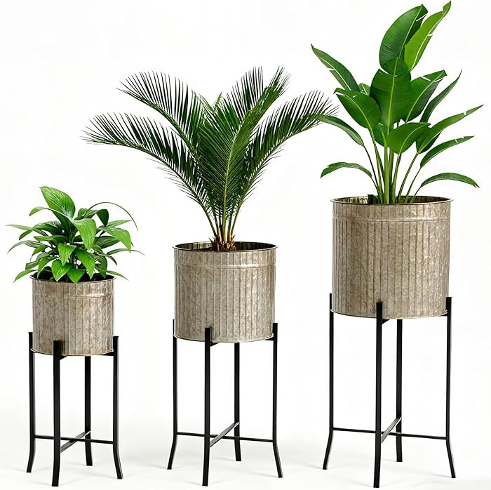 Amazon.com : MorningRo Set of 3 Standing Planters 12.8'' 11.5'' 9.5'' Corrugated Galvanized Plant... | Amazon (US)