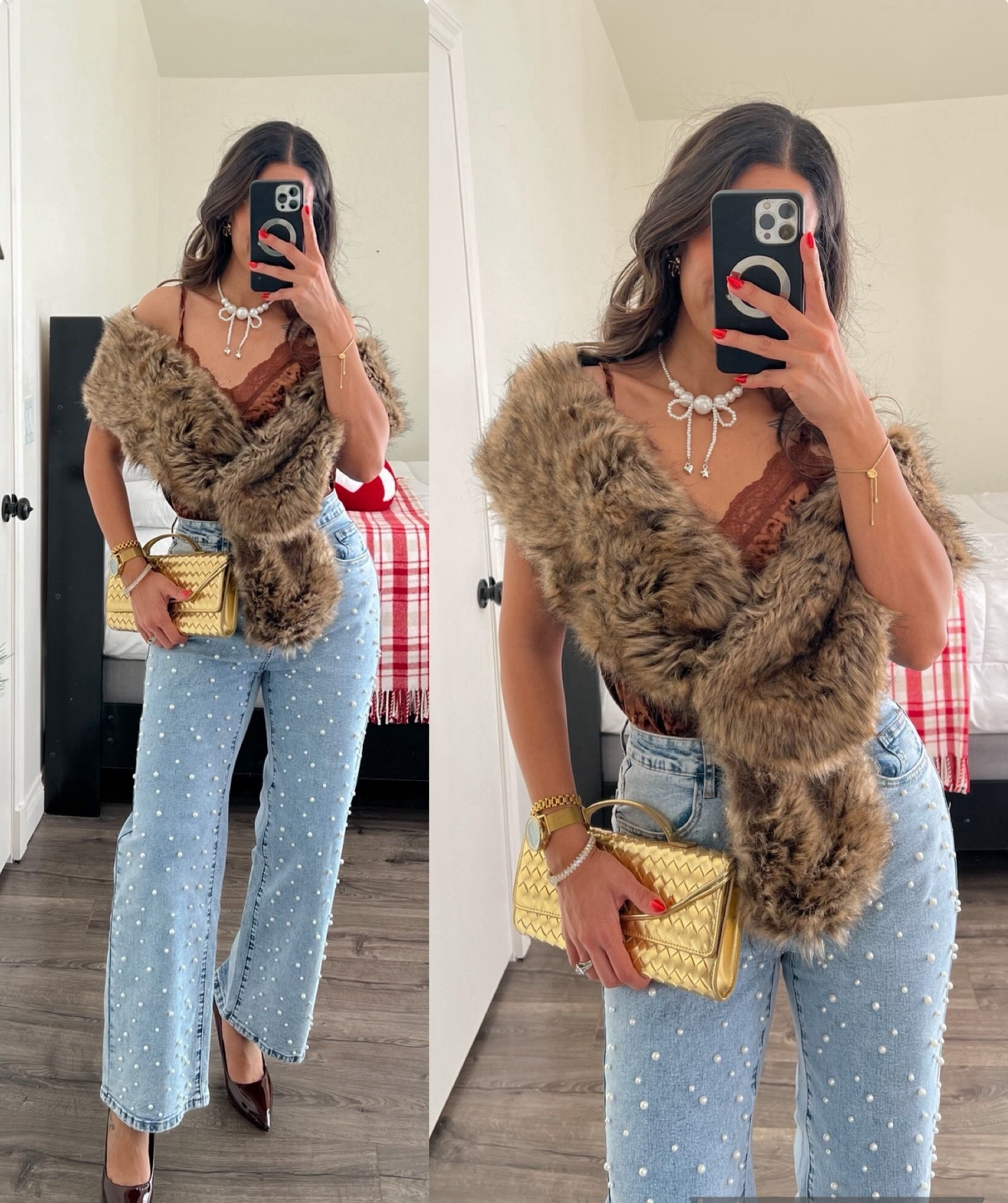 Last minute holiday outfit idea to get in time. Love these pearl jeans and this faux fur scarf. I stitched it to hold it up on my shoulder. The velvet lace top is the prettiest. 

#LTKHoliday #LTKFindsUnder50 #LTKSeasonal