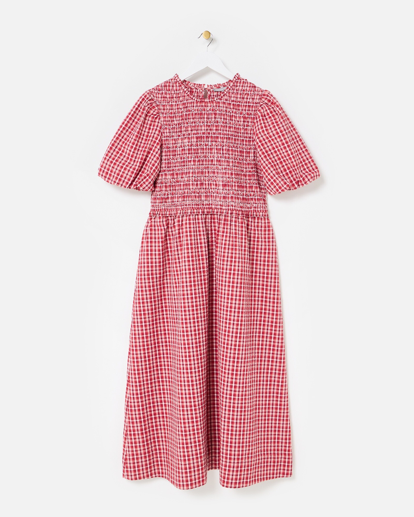 Red Gingham Shirred Bodice Puff Sleeve Midi Dress | Oliver Bonas | Oliver Bonas (Global)