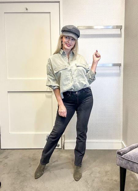 I LOVE this one! This denim shirt is a soft olive green that you can wear as a button up or leave it undone like a jacket. There’s a cut out in the back, but you can still wear your regular bras. The washed black jeans are so soft and comfy. The houndstooth hat just seemed perfect. One more opportunity to wear these olive green suede boots that I’m obsessed with. I sized down in the top. Everything else is true to size.

#LTKshoecrush #LTKSeasonal #LTKover40