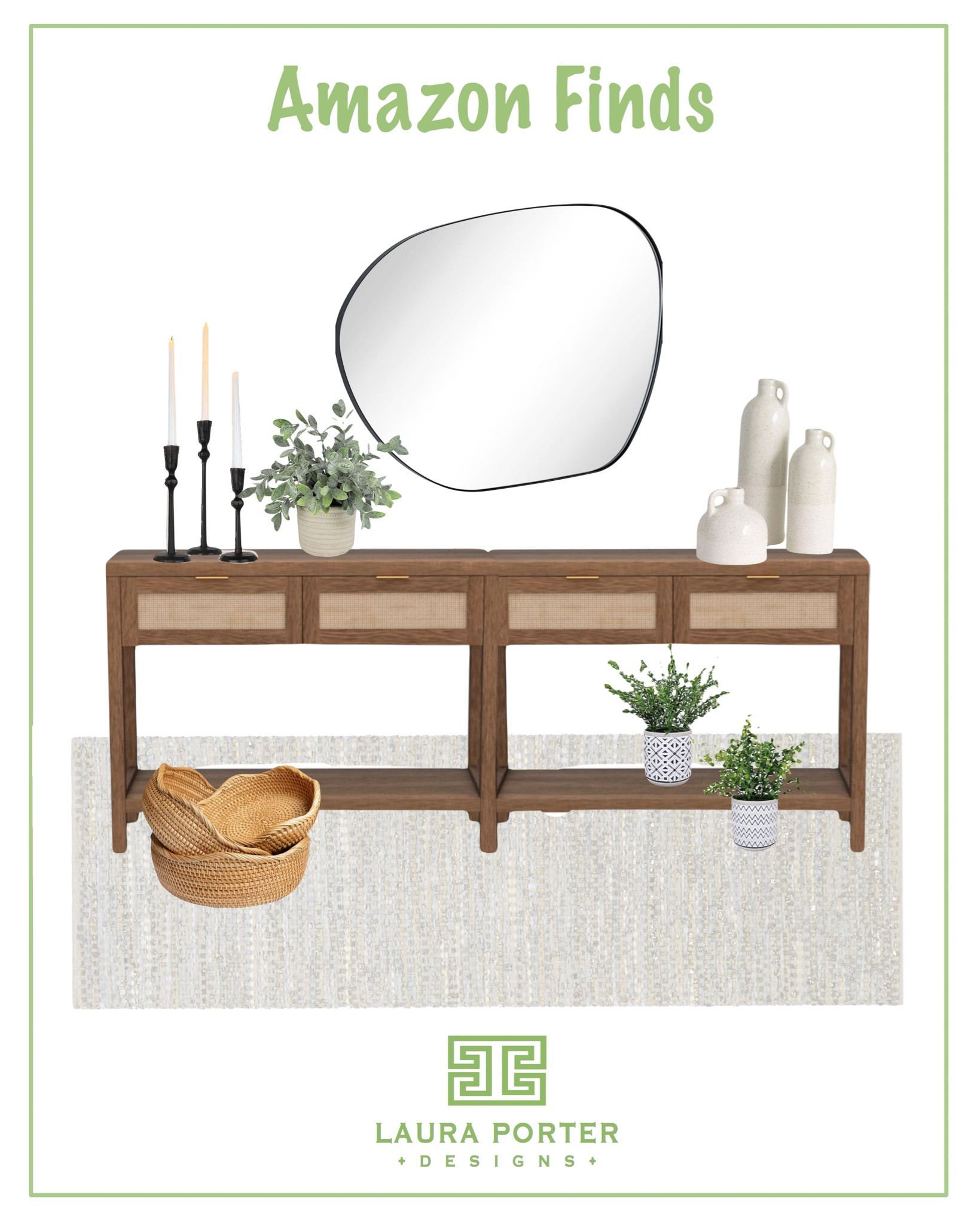 Amazon Home Decor Finds! 
#amazonhome #amazondecor #rattanconsole #consoletable #organicmirror #entryrunnner #carpetrunner #succulents #blackcandlesticks #rattanbaskets #entryfurniture 

#LTKhome #LTKfindsunder50 #LTKfindsunder100