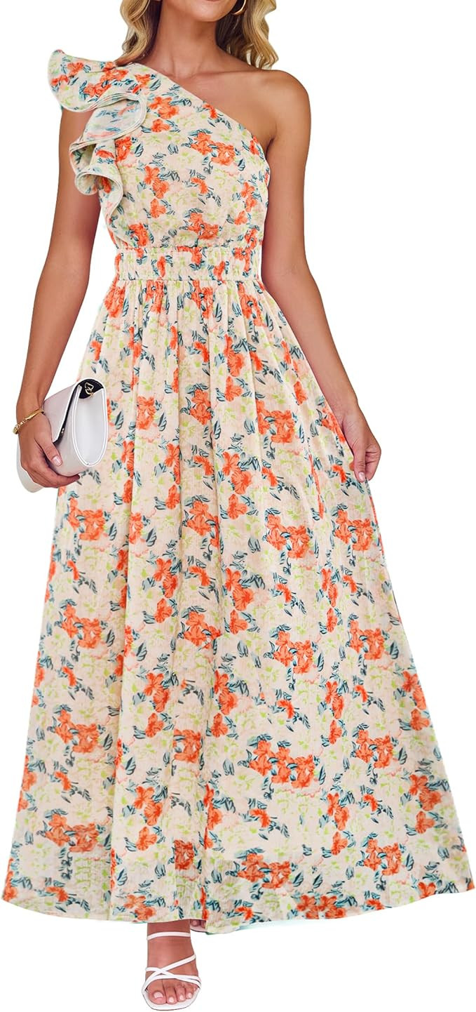 ZESICA Women's 2026 Summer Floral Sleeveless Maxi Dress Ruffle One Shoulder High Waist Boho Beach... | Amazon (US)